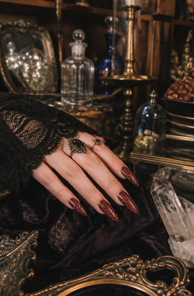 A hand with gothic cobweb nails on a velvet cloth.