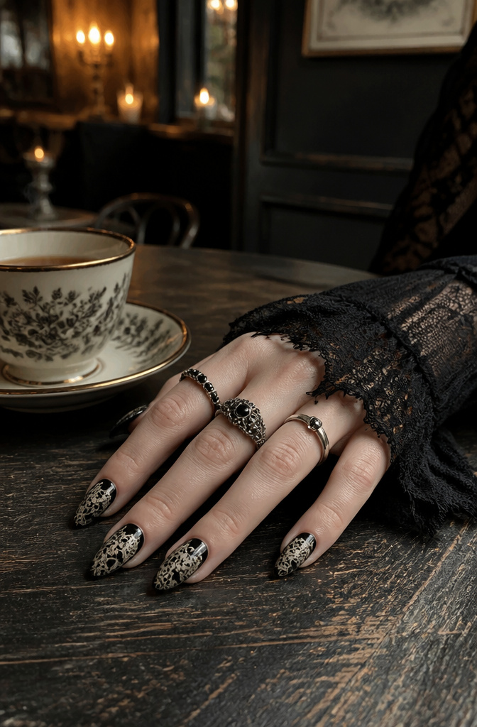 A hand featuring gothic lace nails resting on a wooden table.