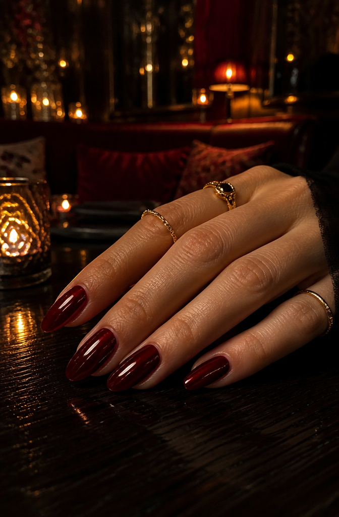 A hand with vampy red nails adorned with cobweb detailing.
