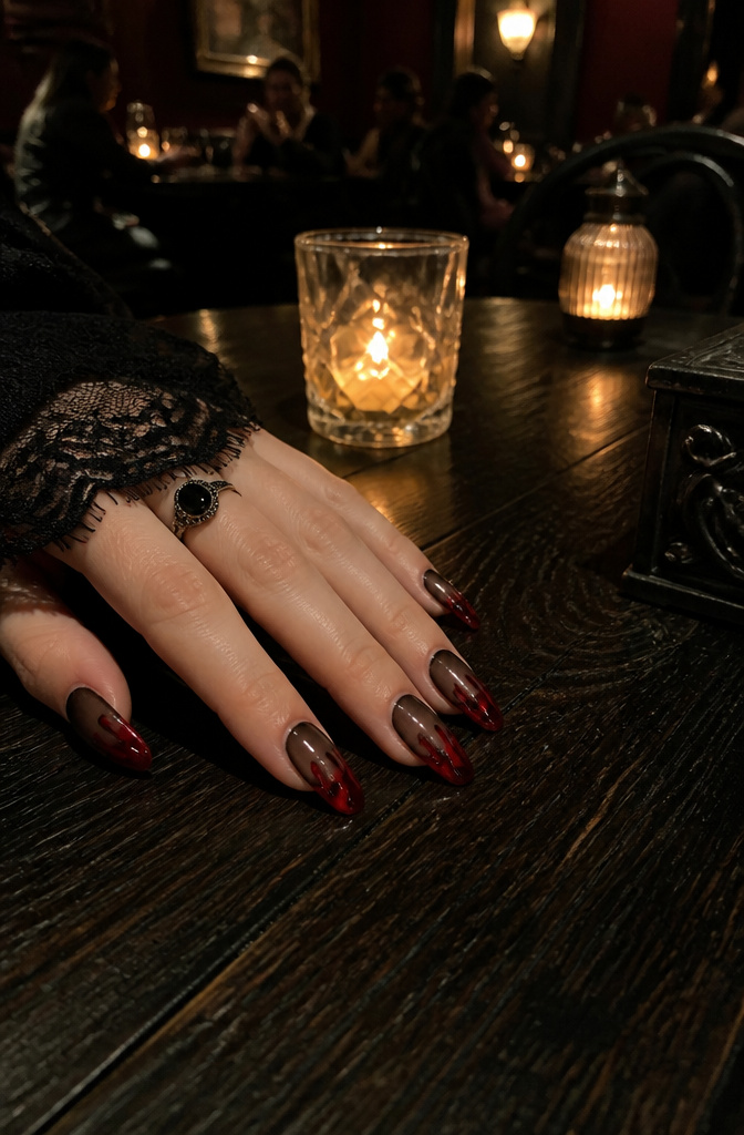 A hand showcasing bloody French tips in a gothic-themed setting.