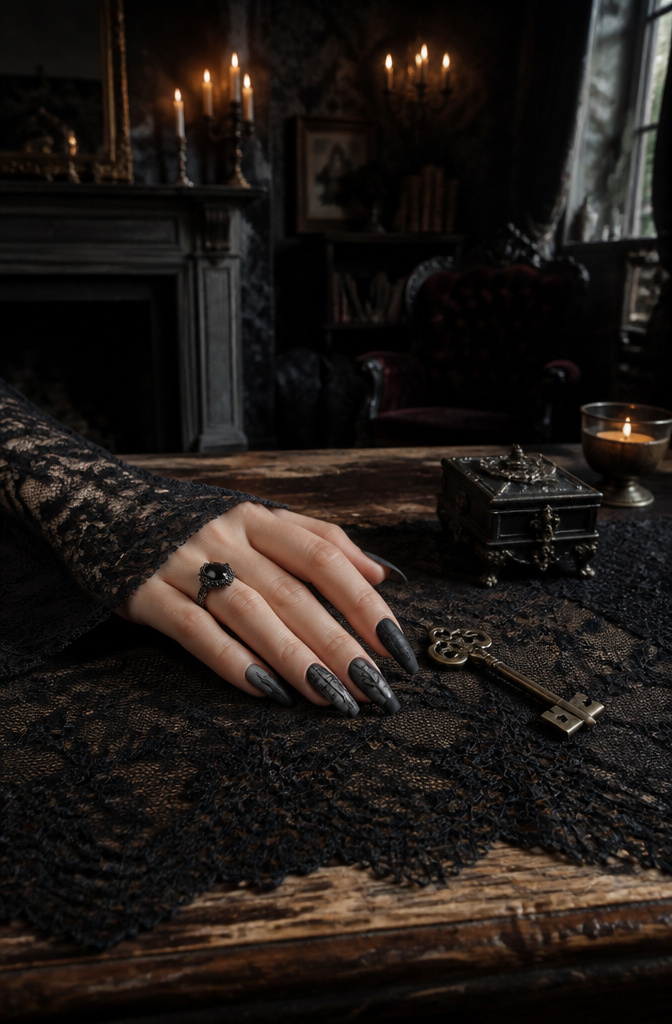 A hand with architectural details painted on nails.
