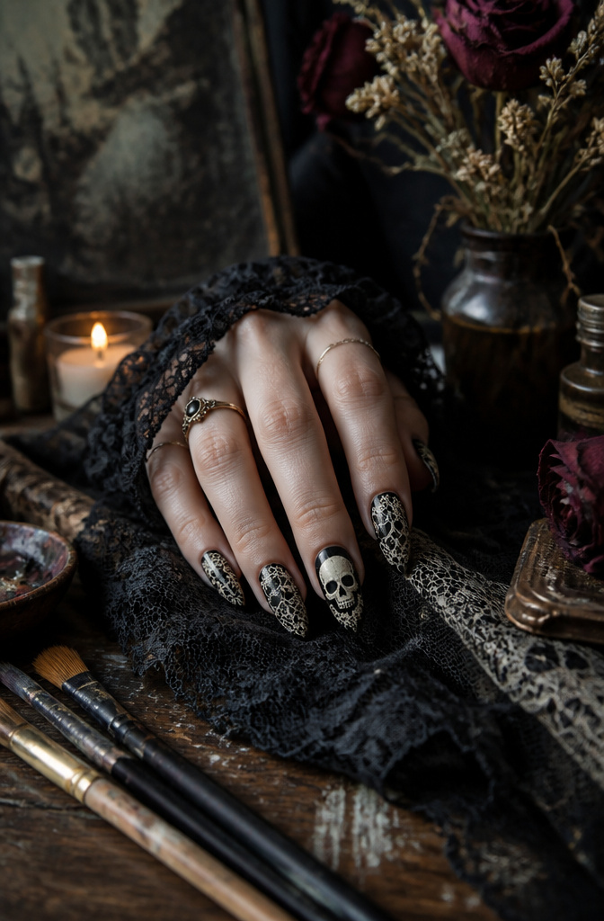 A hand featuring skull lace nails against a vintage lace backdrop.