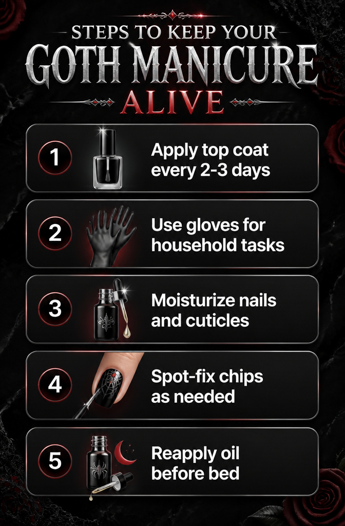 An infographic detailing steps to maintain a gothic manicure.