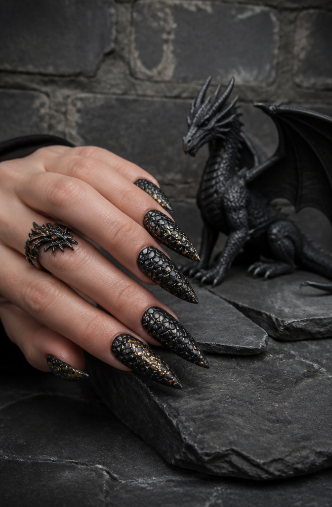 A hand with dragon nails featuring textured scales and gold foil.