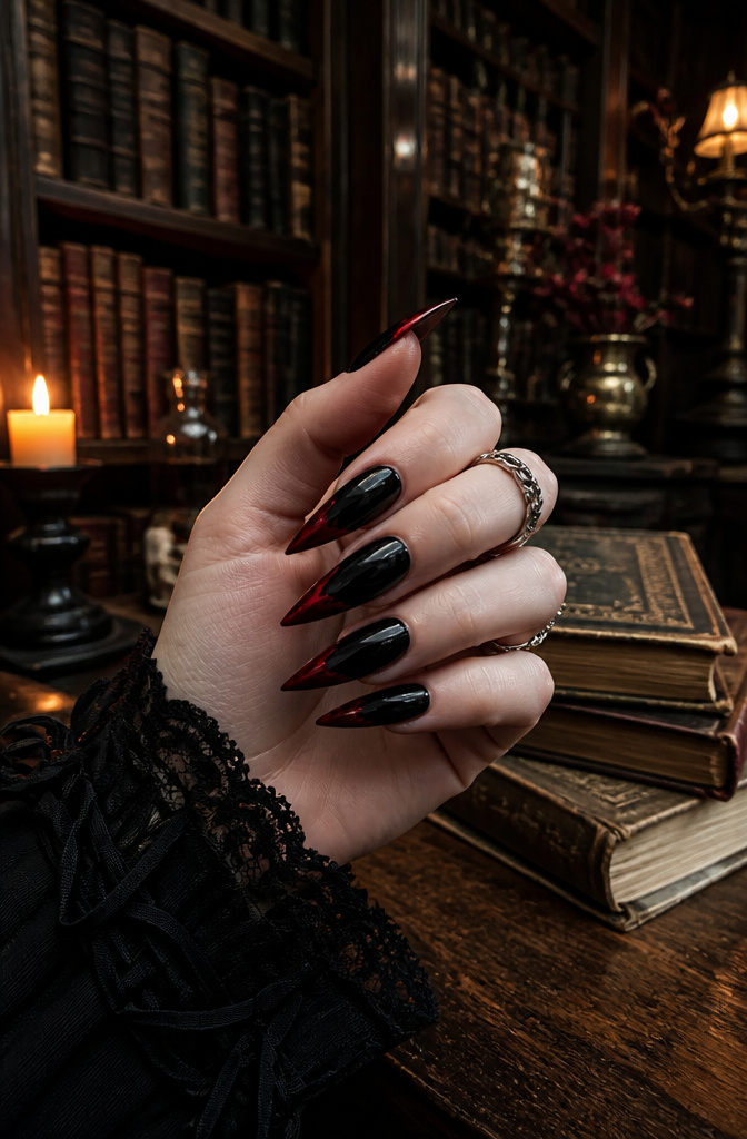 A hand with blood-red nails showcasing a vampire-inspired design.