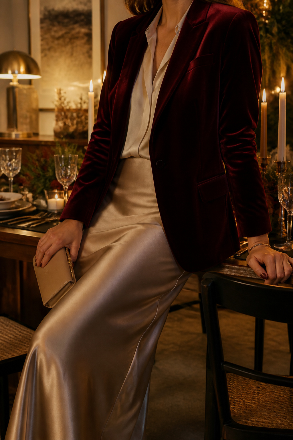 Burgundy velvet blazer over a silk blouse and metallic satin skirt.