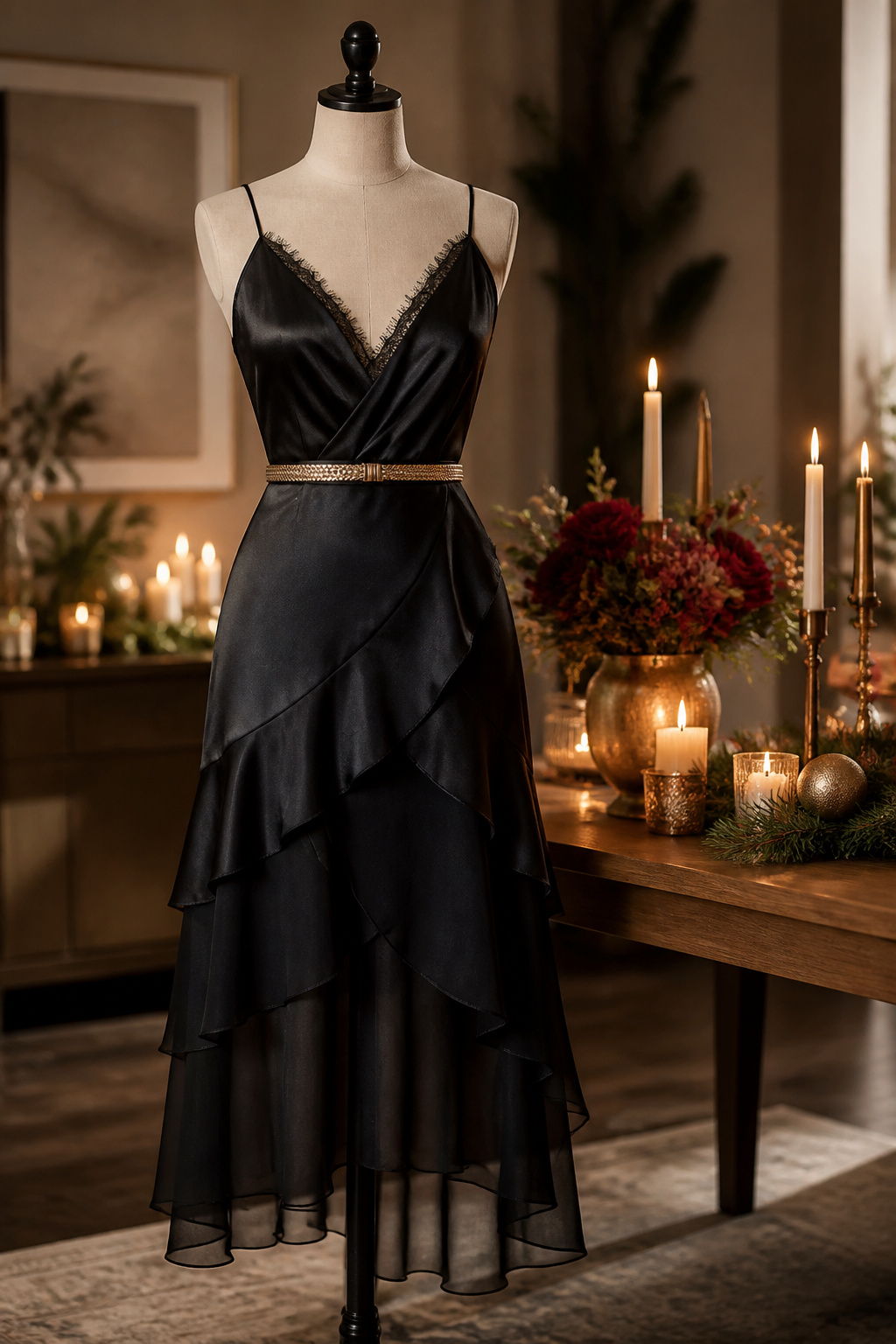 Variety of holiday dresses made from velvet, chiffon, and satin.