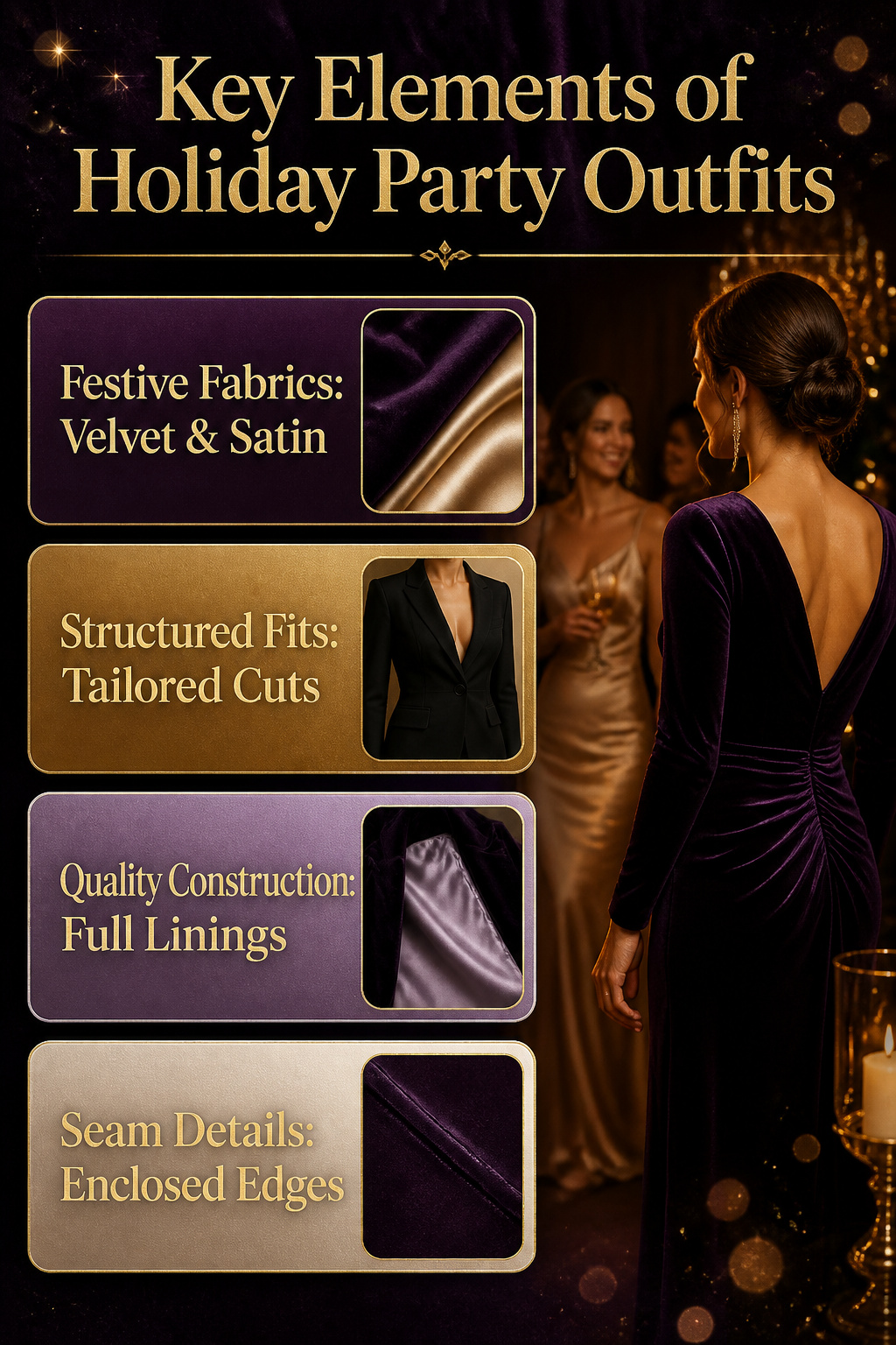 Information image showing key elements of holiday party outfits.