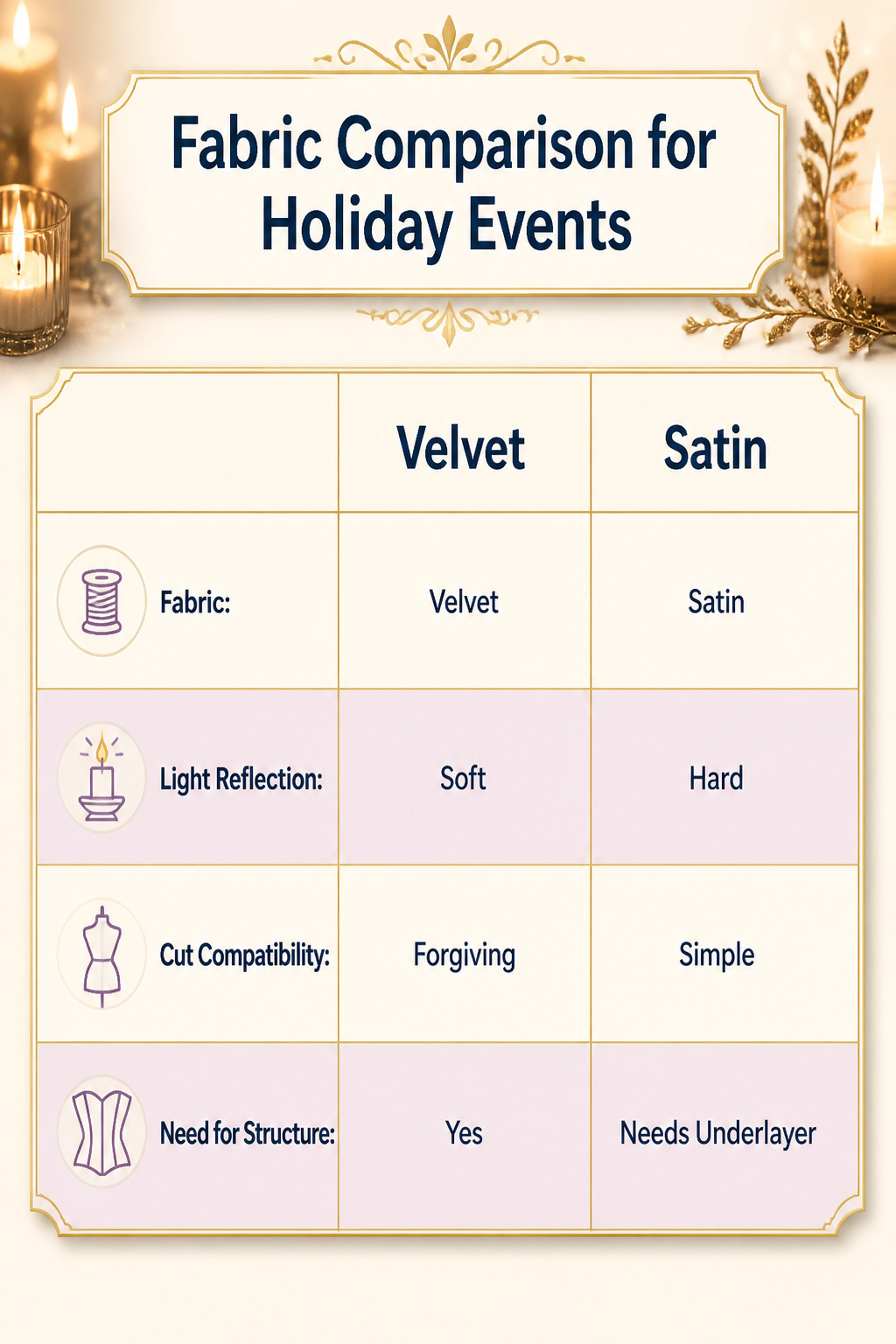 Comparison of fabrics like velvet, satin, and chiffon for holiday events.