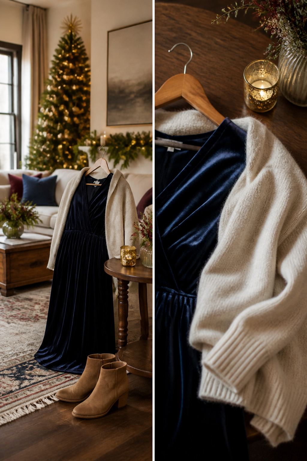 Casual styling of a velvet dress with a knit sweater and boots.