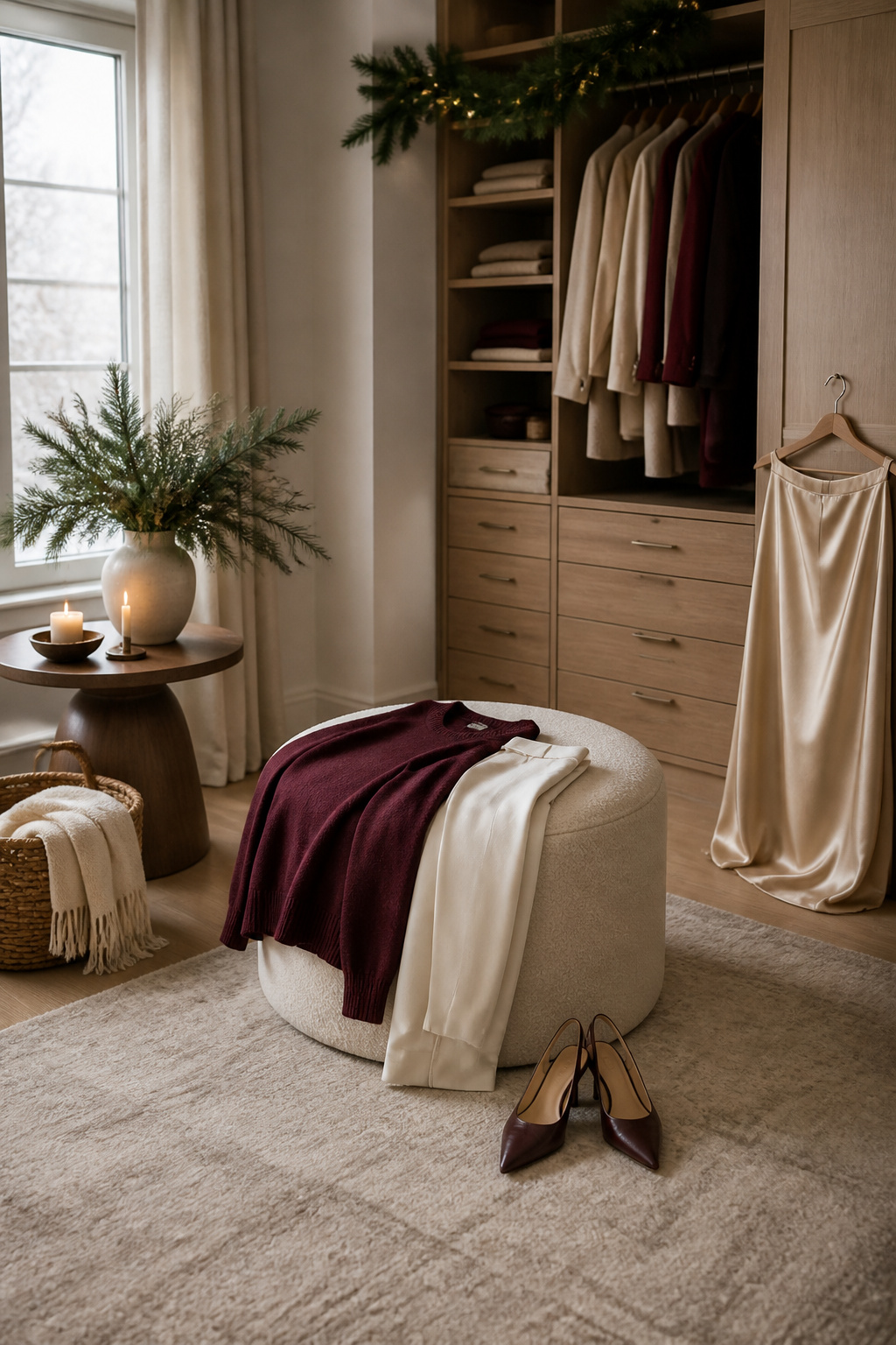 Fitted cashmere crewneck sweater as a foundation for holiday looks.