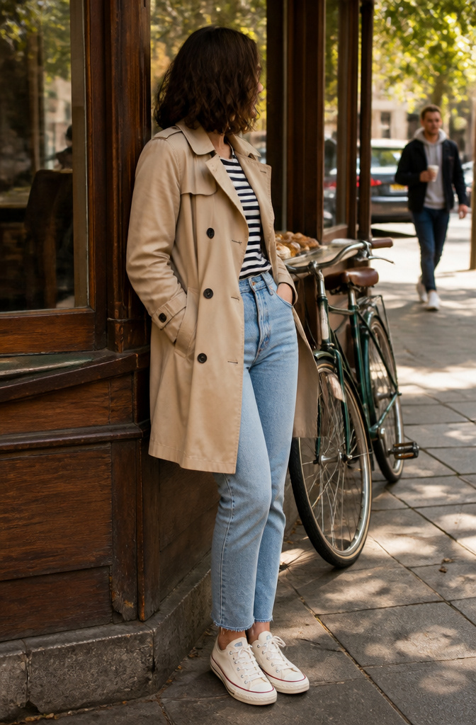 A woman in a beige trench coat with a striped tee and light-wash jeans.