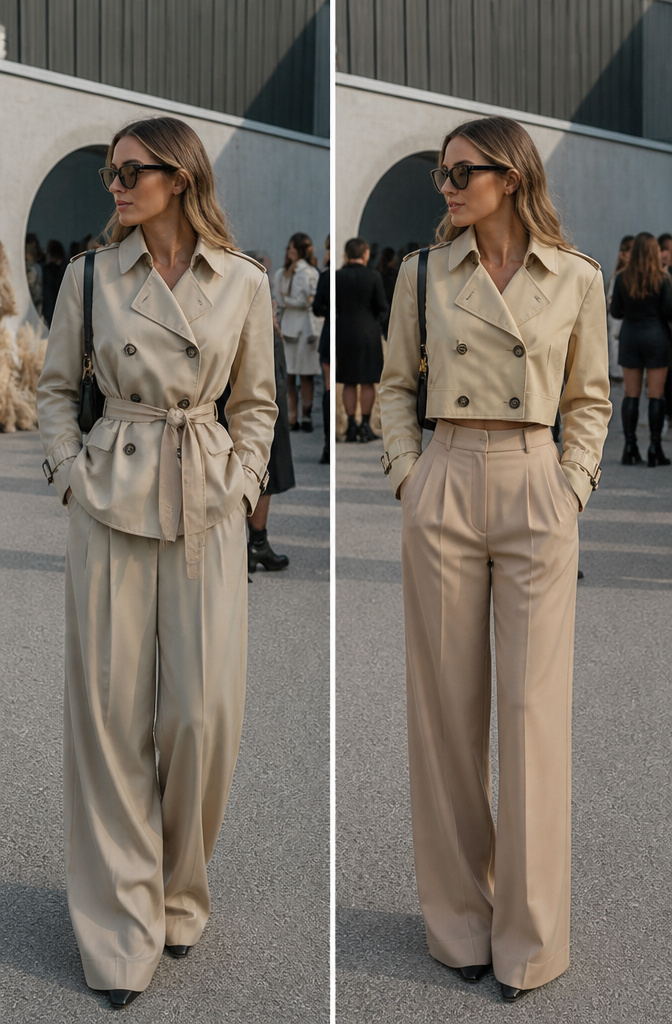 A woman wearing a cropped trench coat with high-waisted pants.