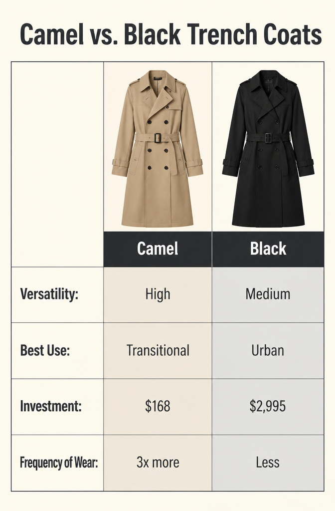 An image comparing camel and black trench coats.