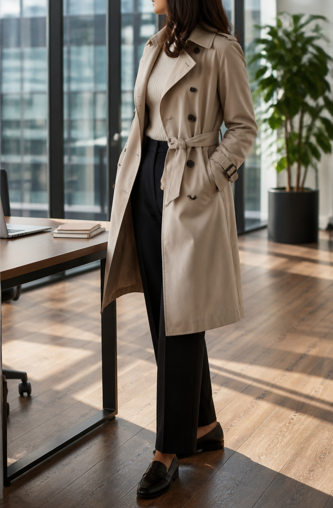 A woman in a tailored trench coat and trousers in a modern office.