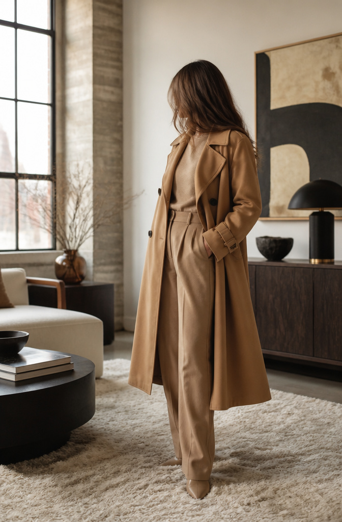 A woman in a camel trench coat and tonal outfit in a modern loft.