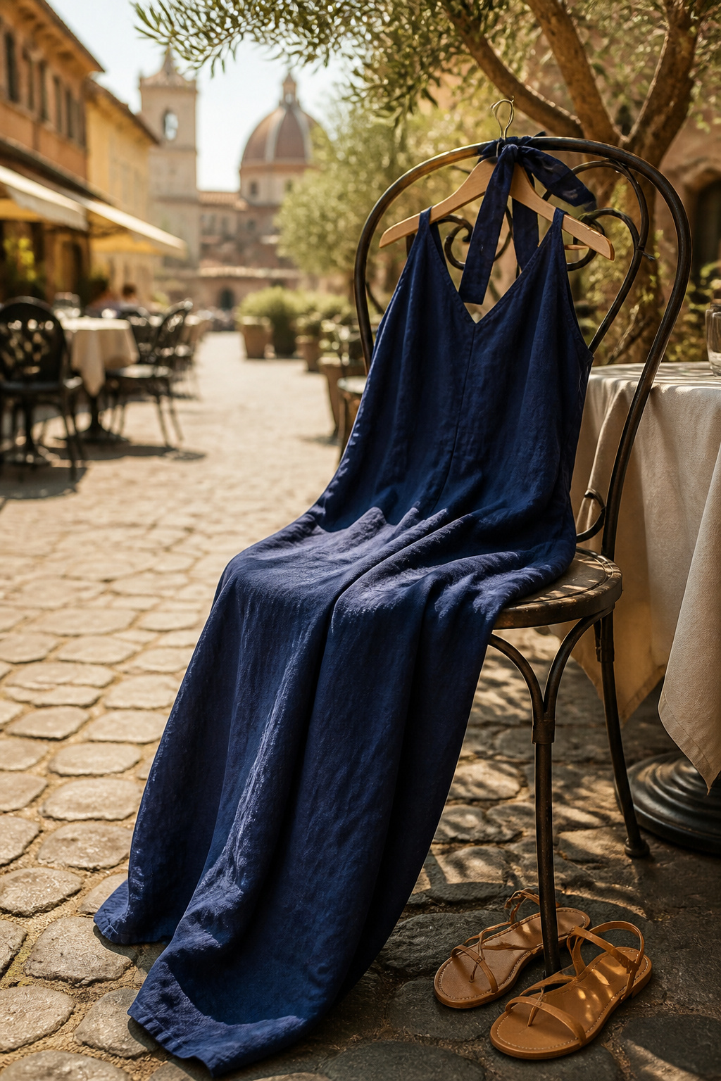 A linen dress on a sun-drenched patio table.