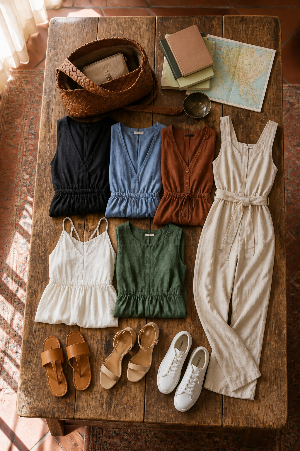 A neatly arranged selection of clothing items in a suitcase.