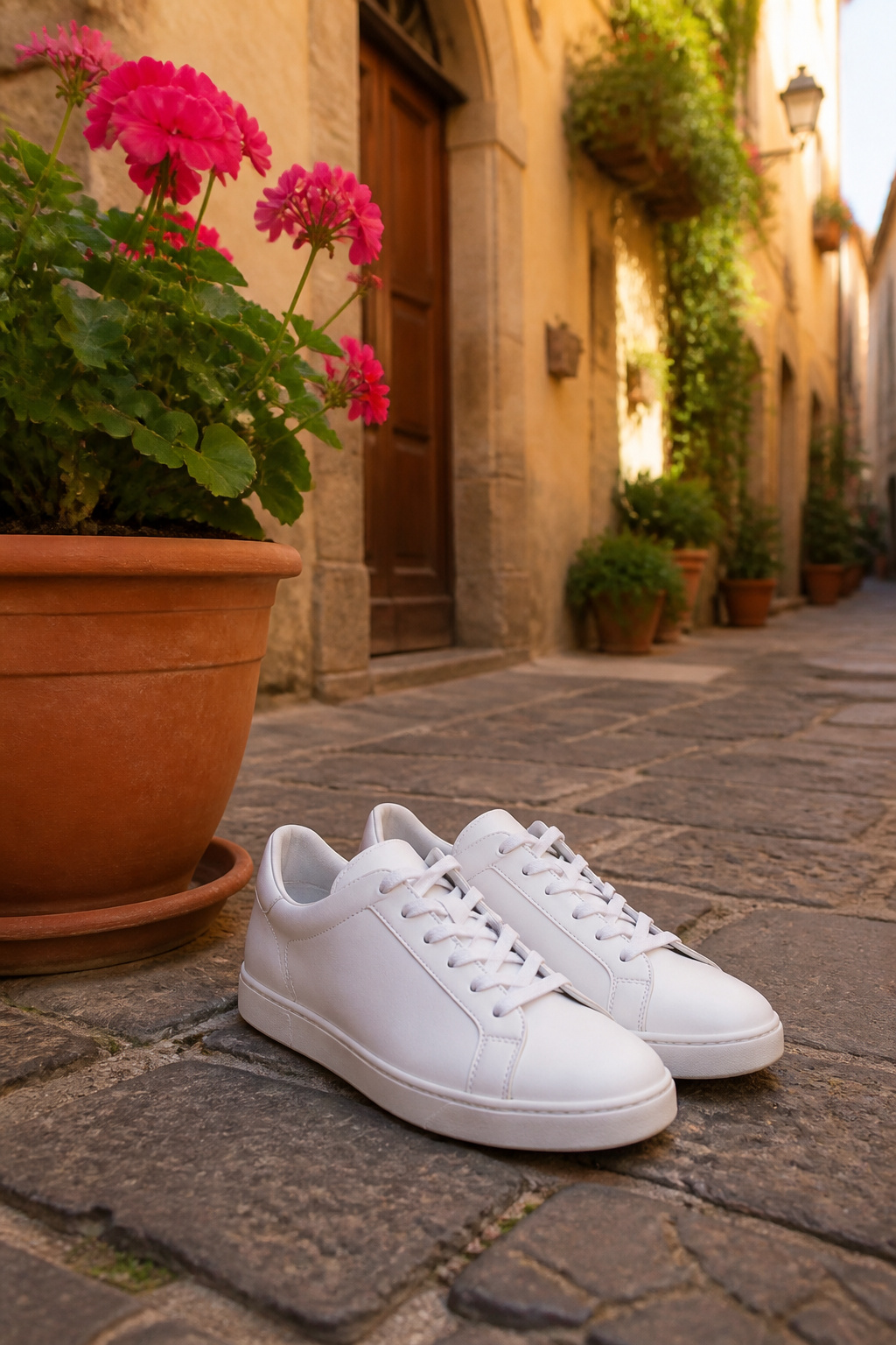 A pair of white sneakers on a cobblestone street near greenery.