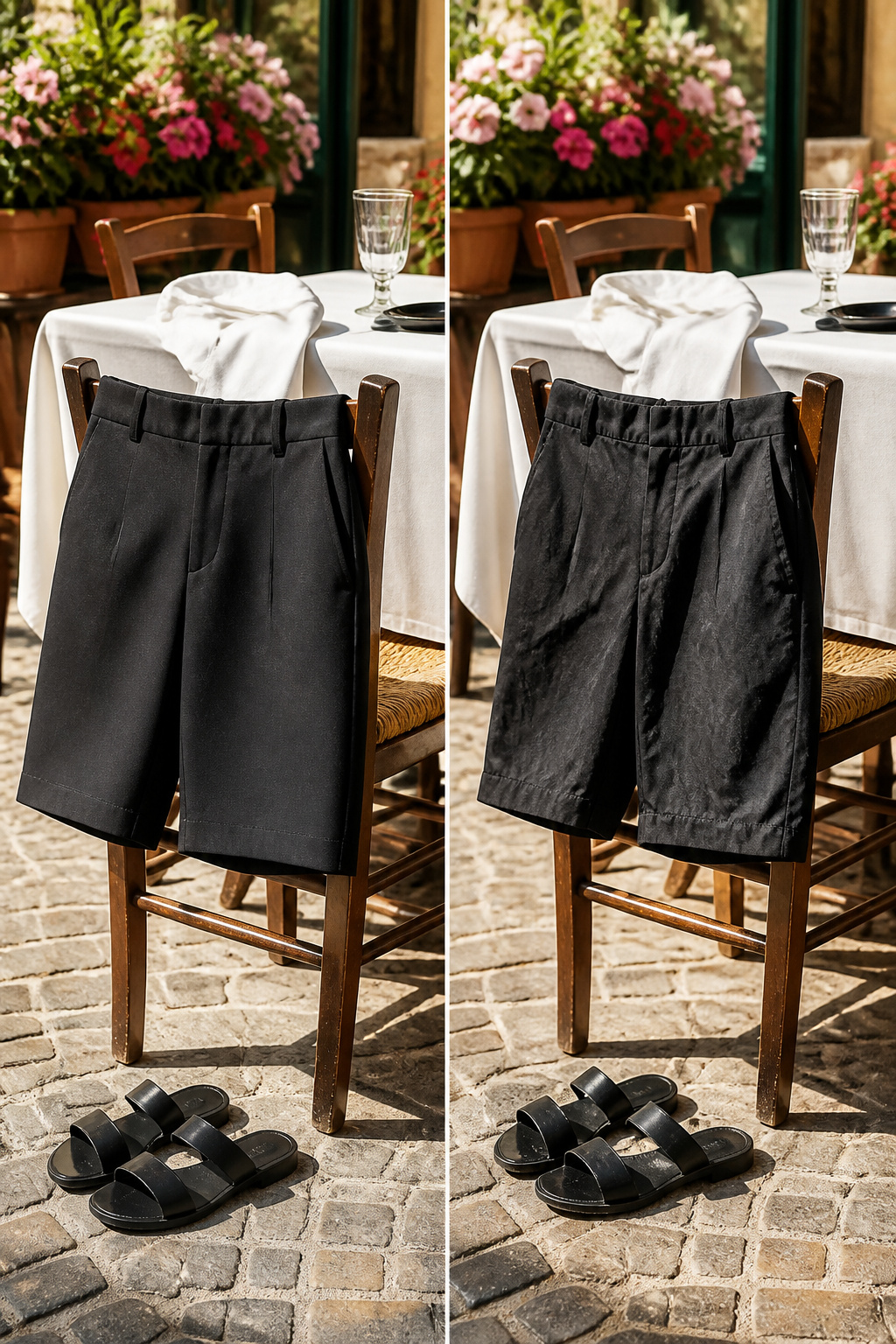 A pair of tailored black shorts displayed on a flat surface.