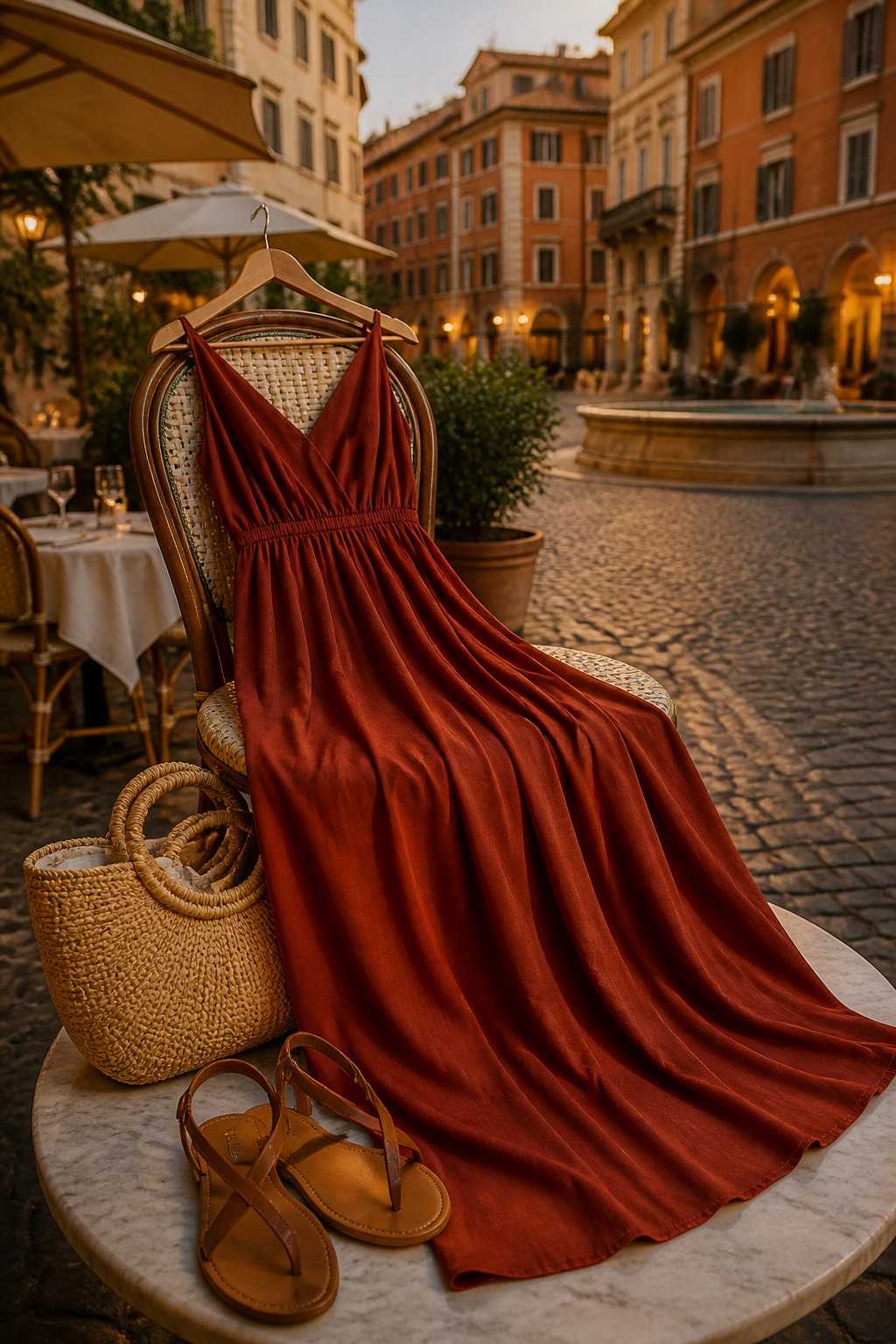 A solid-color maxi dress displayed on a table.