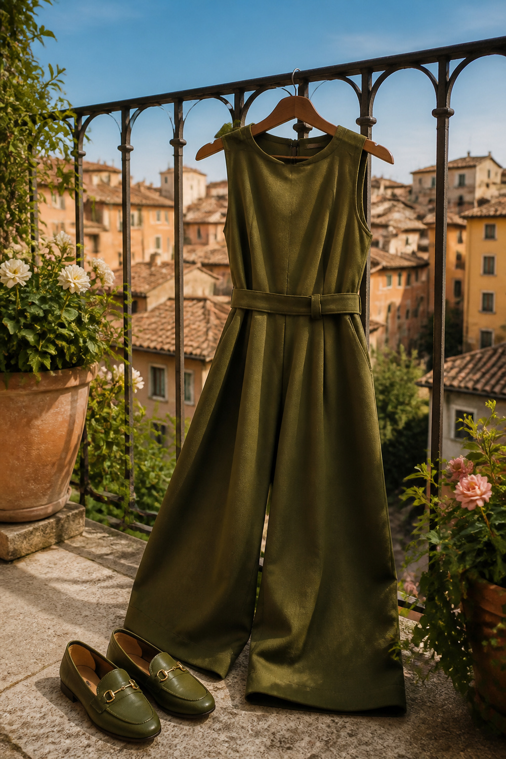A wide-leg linen jumpsuit displayed on a flat surface.