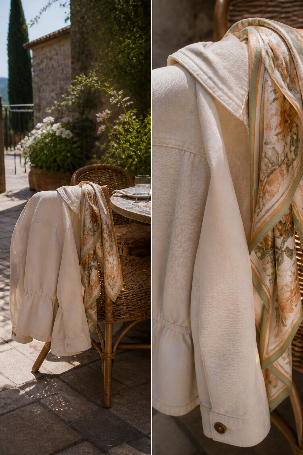 A light jacket arranged on a table against a sunny backdrop.