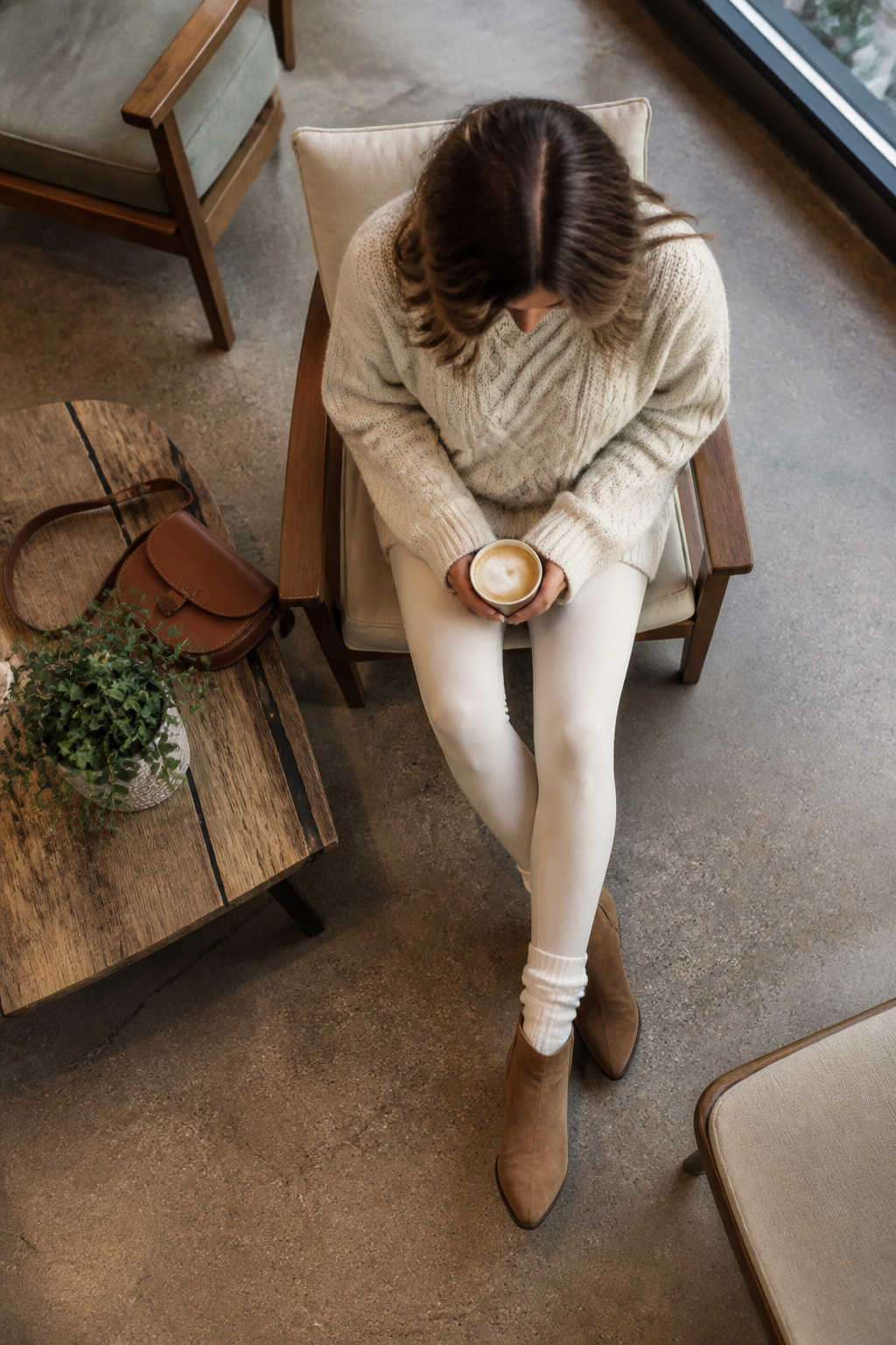 Model in leggings with ankle boots and a cream cable knit.