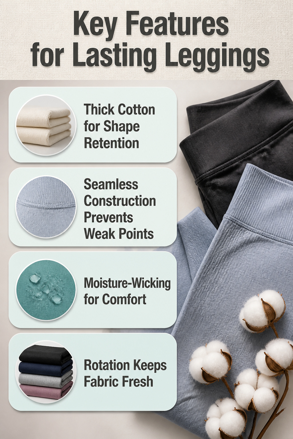 Information image detailing key features for lasting leggings.