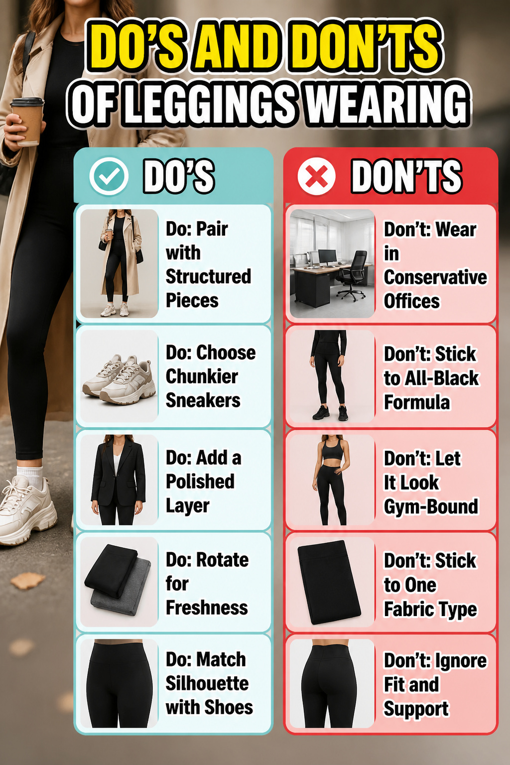 Graphic showing do's and don'ts for wearing leggings.