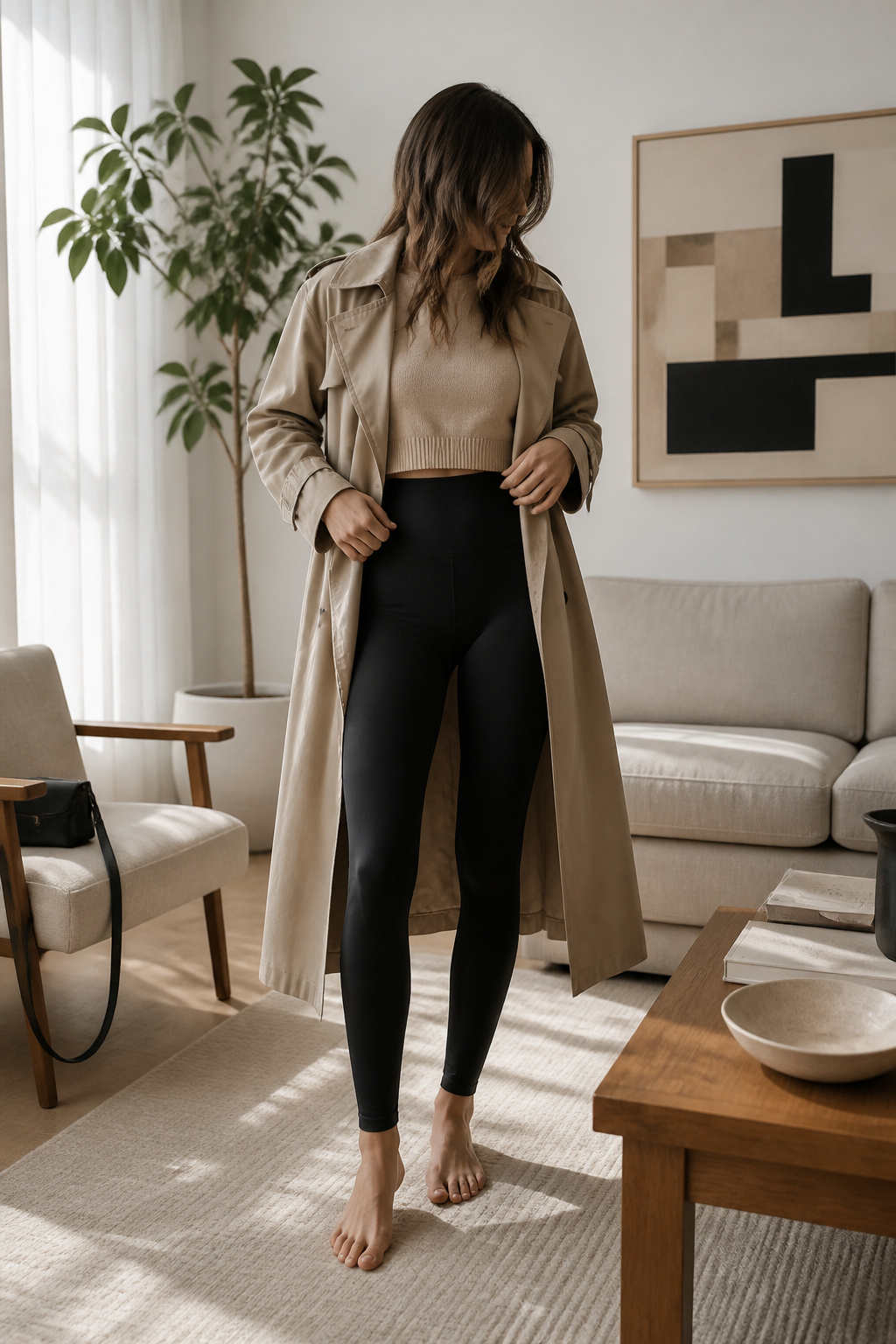 Model in cropped sweater and trench coat over black leggings.