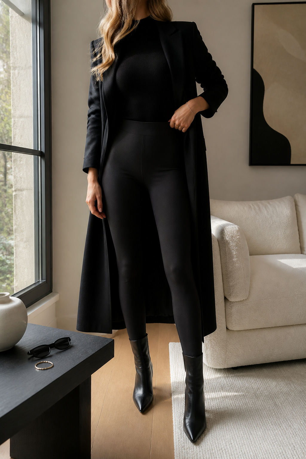 Model wearing black turtleneck and coat with high-waisted black leggings.