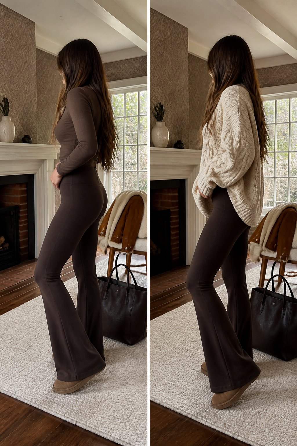 Model wearing flare leggings with a fitted top and long coat.
