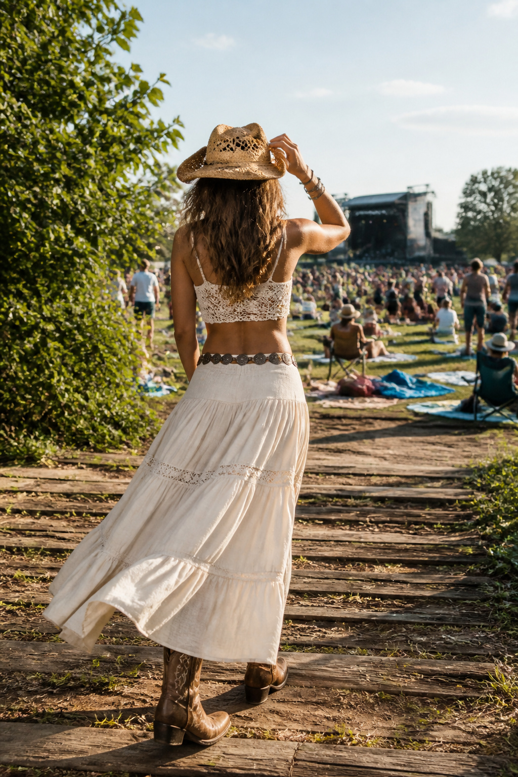 Model wearing a crochet top and flowy maxi skirt in sunlight.