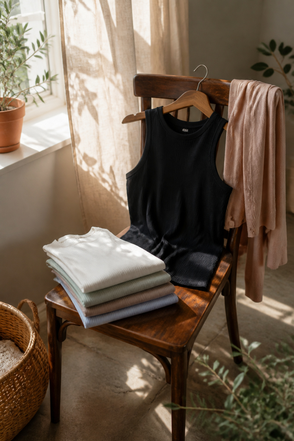 Ribbed knit tanks in various muted colors on a textured background.