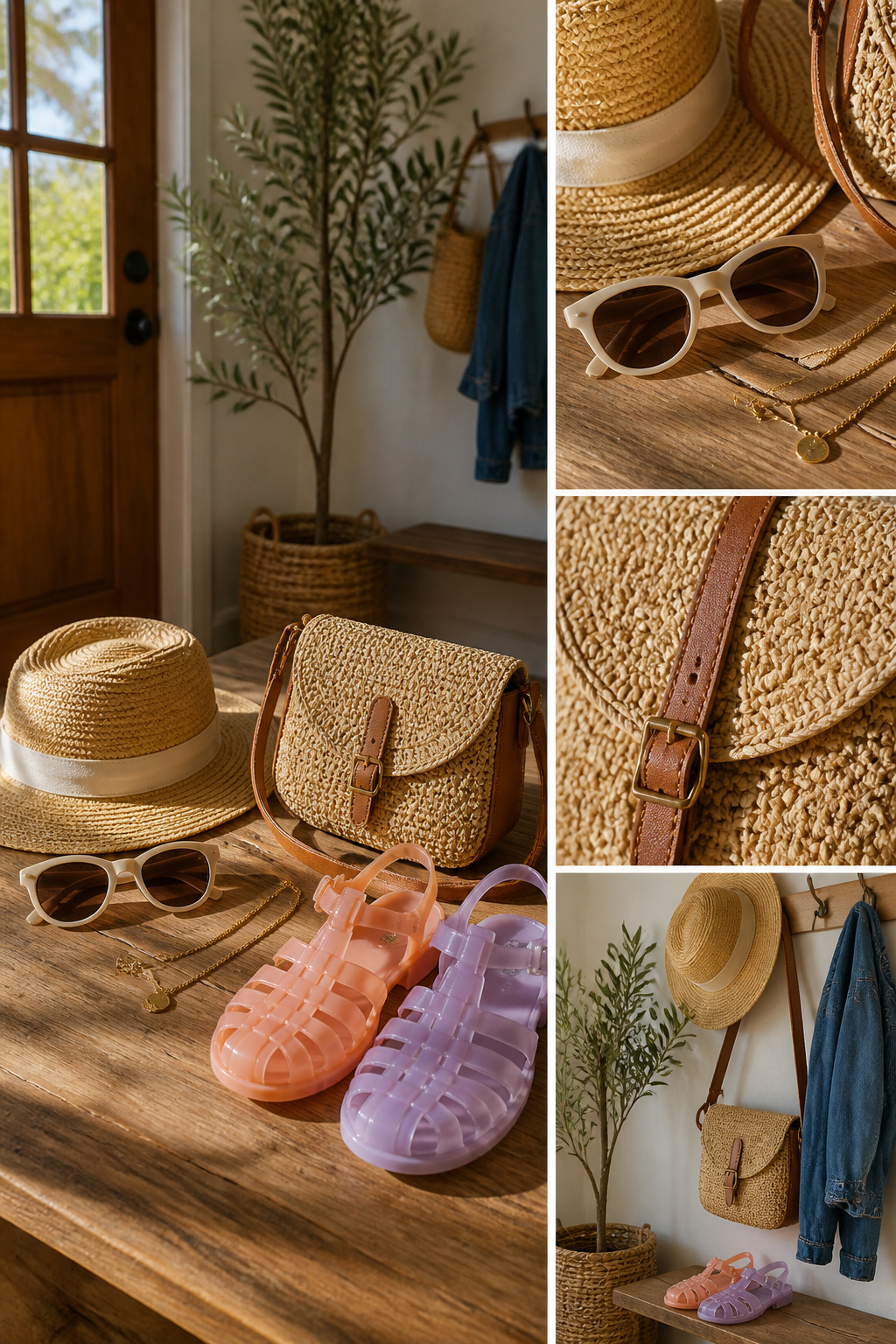 A collection of summer accessories including sunglasses and sandals.