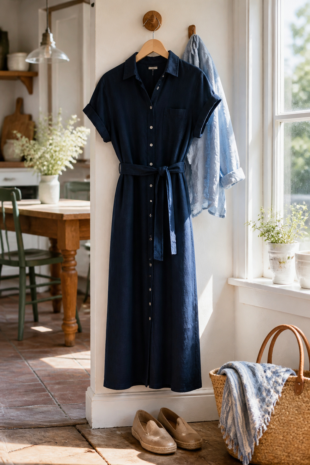 A knee-length dress displayed on a rustic wooden chair.
