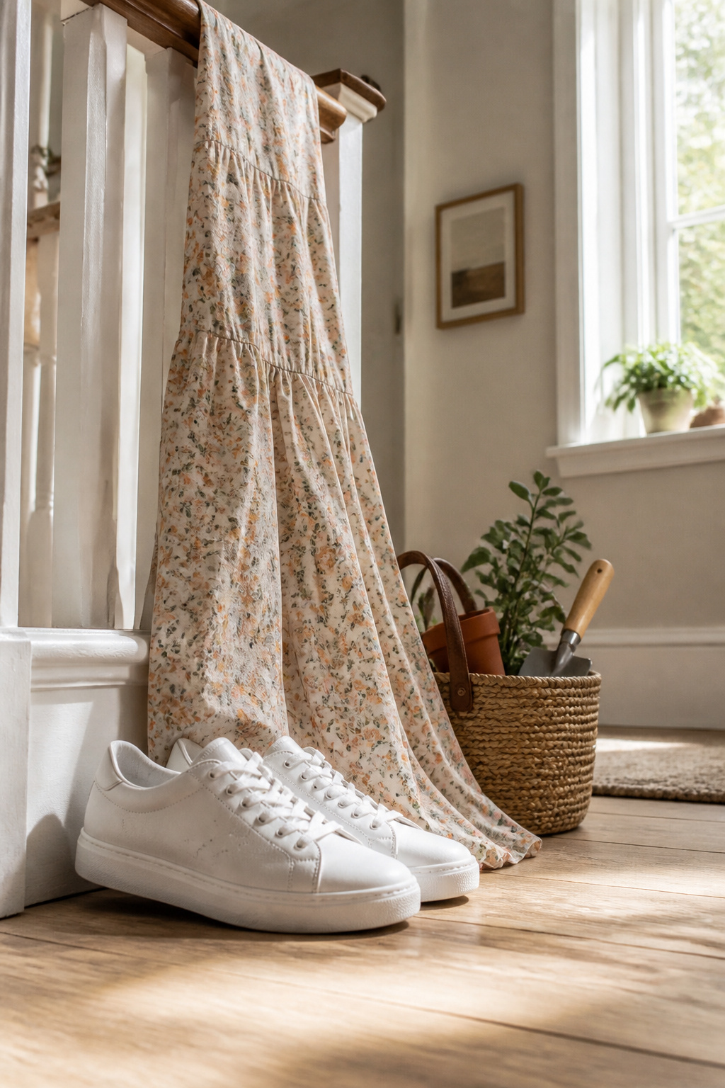 A pair of white sneakers on a wooden deck.
