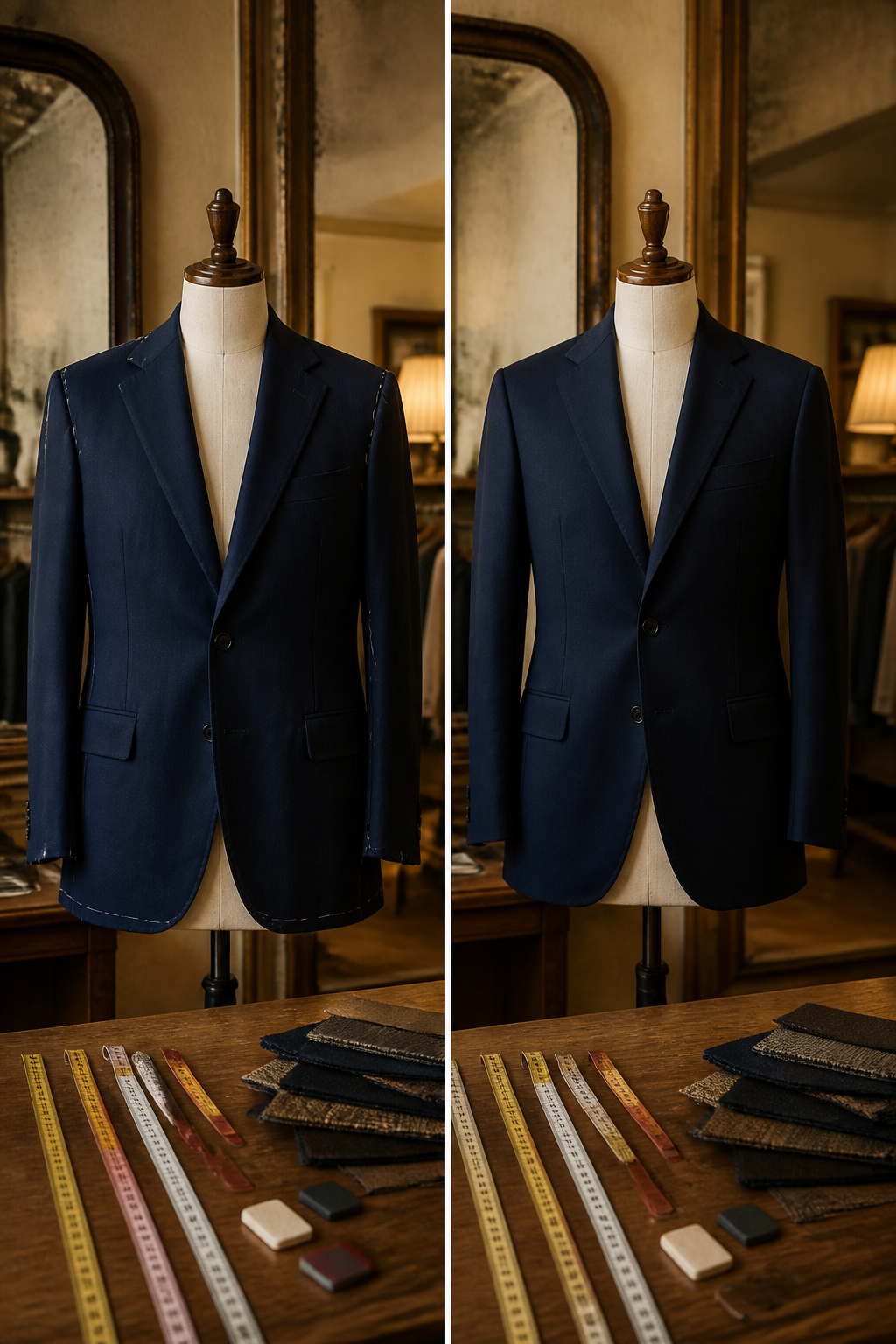 A navy blazer hanging on a hanger, showing tailored alterations.