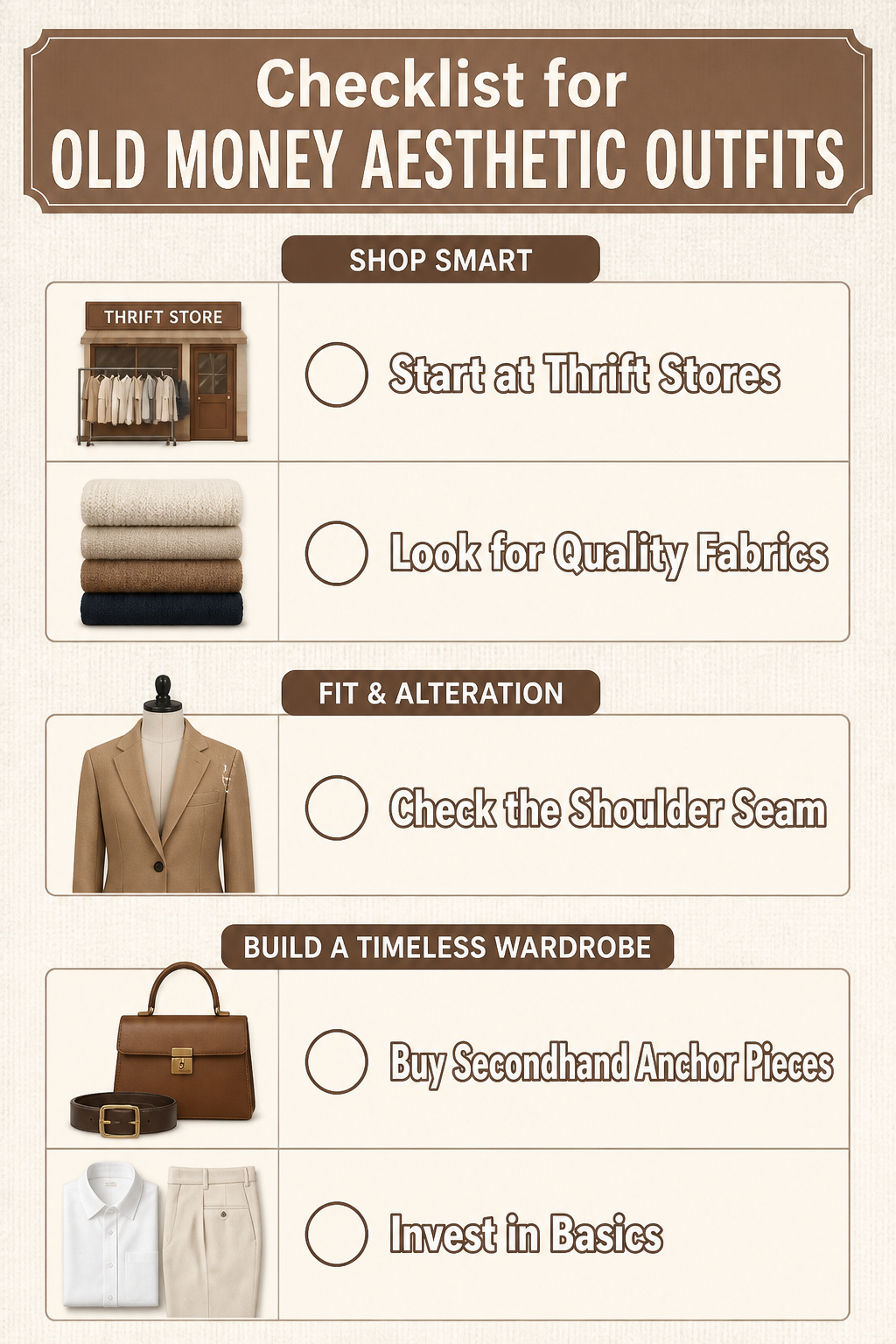 A checklist for building old money aesthetic outfits.