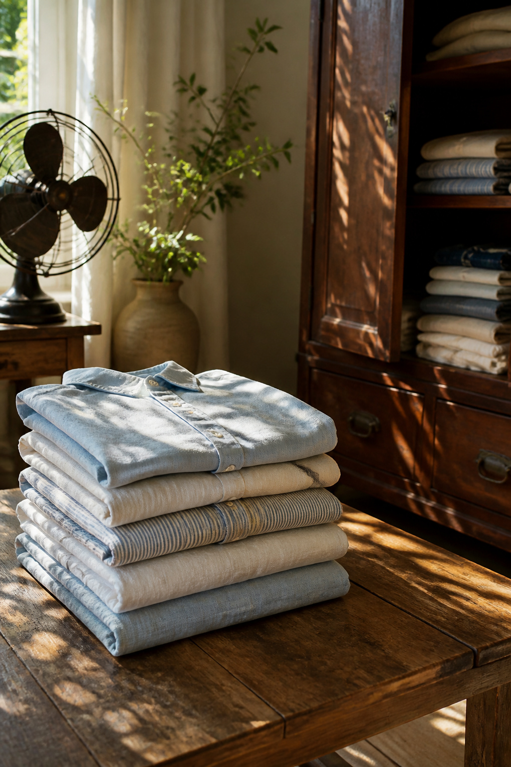A stack of natural fiber garments in soft colors on a wooden table.