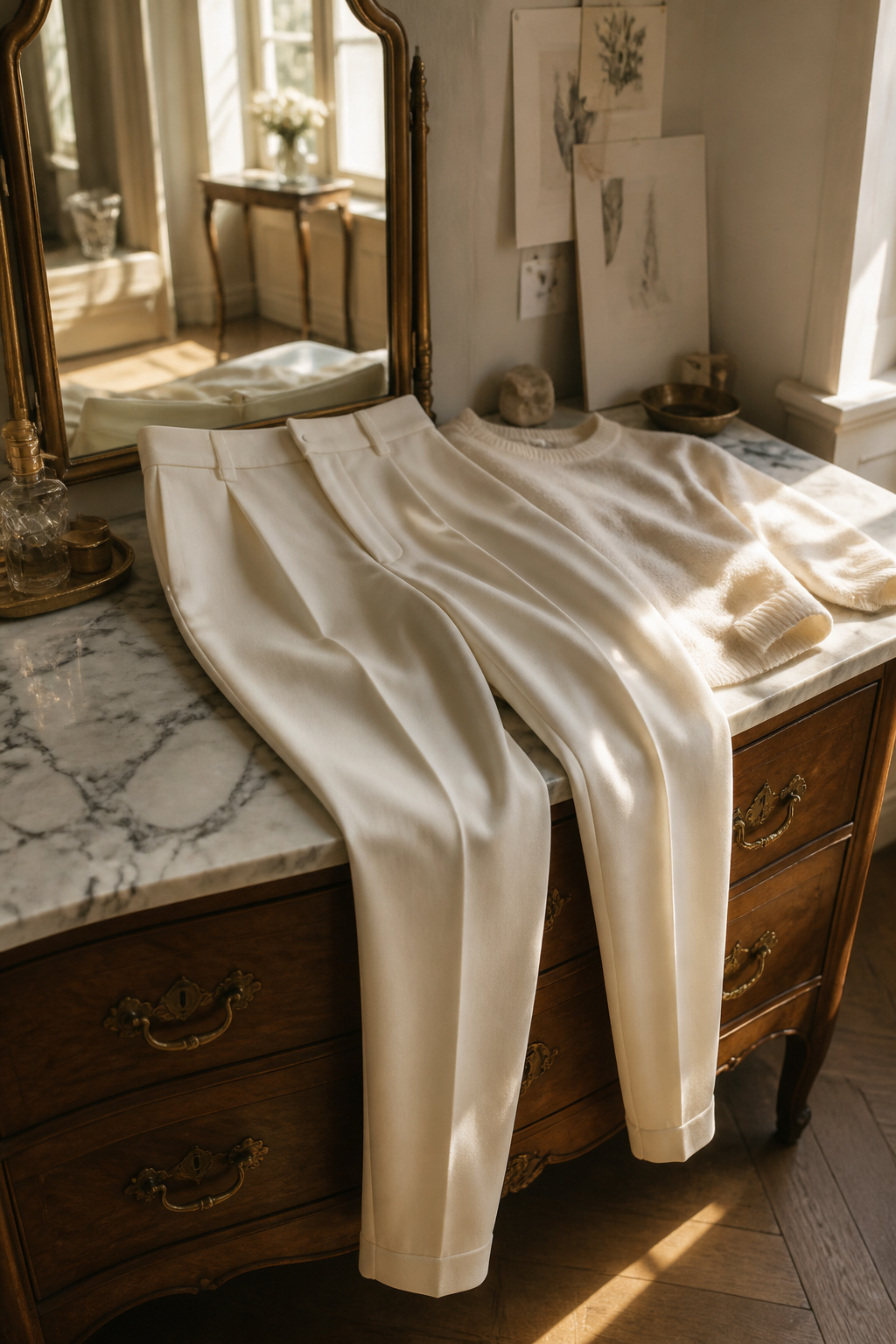 Lightweight high-waisted trousers in neutral colors displayed on a table.