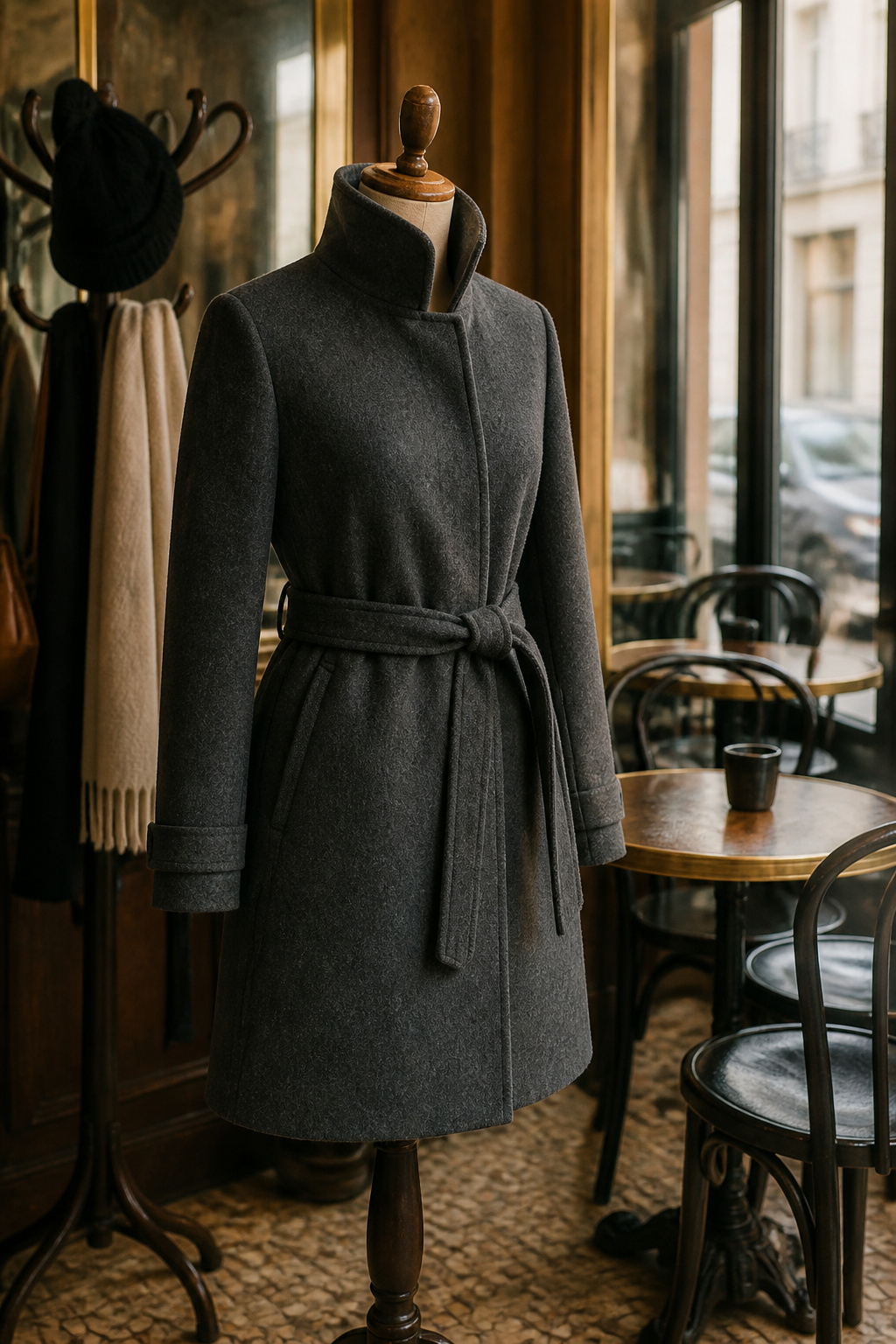A well-tailored wool coat draped on a mannequin.