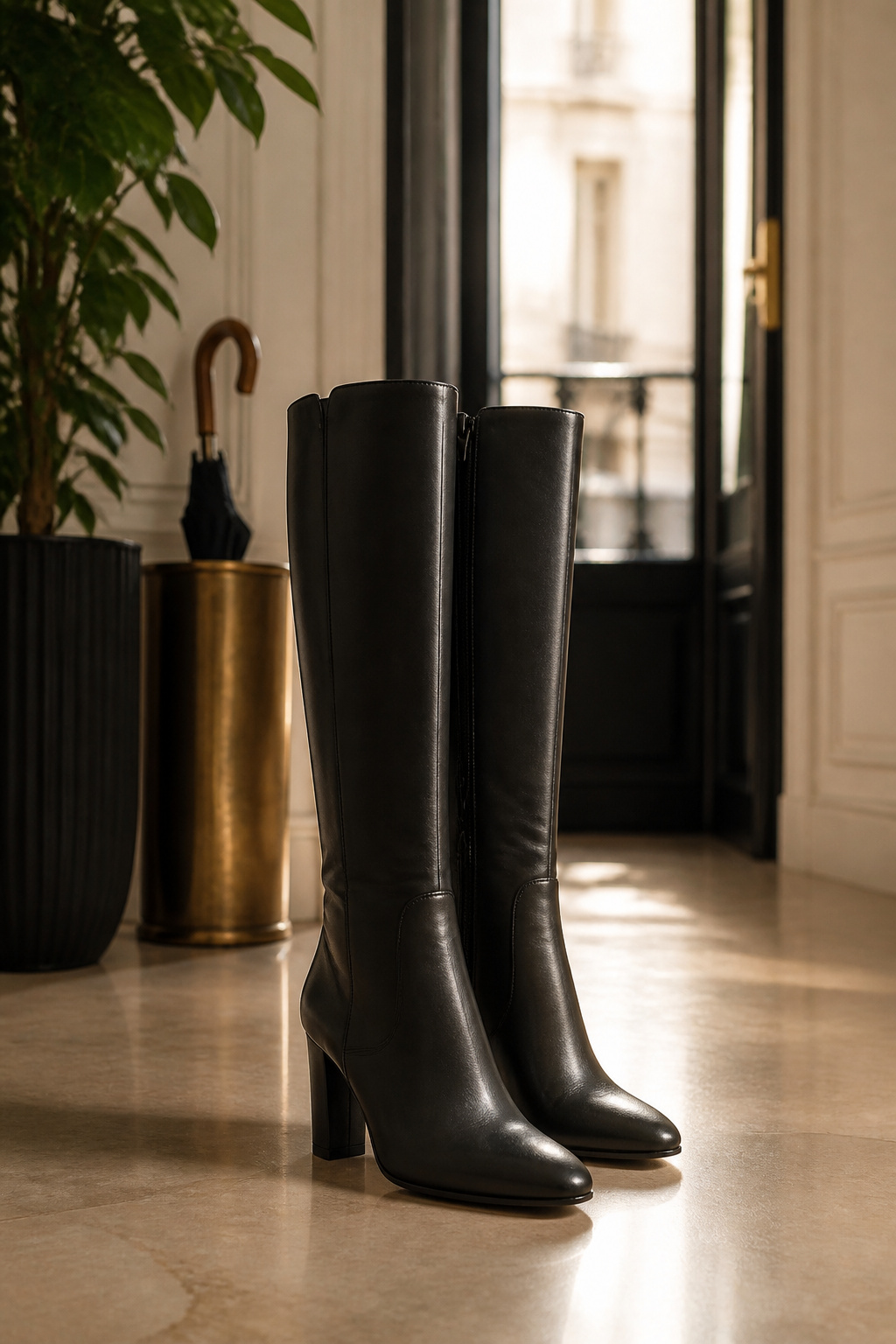 A pair of knee-high boots positioned next to a skirt.