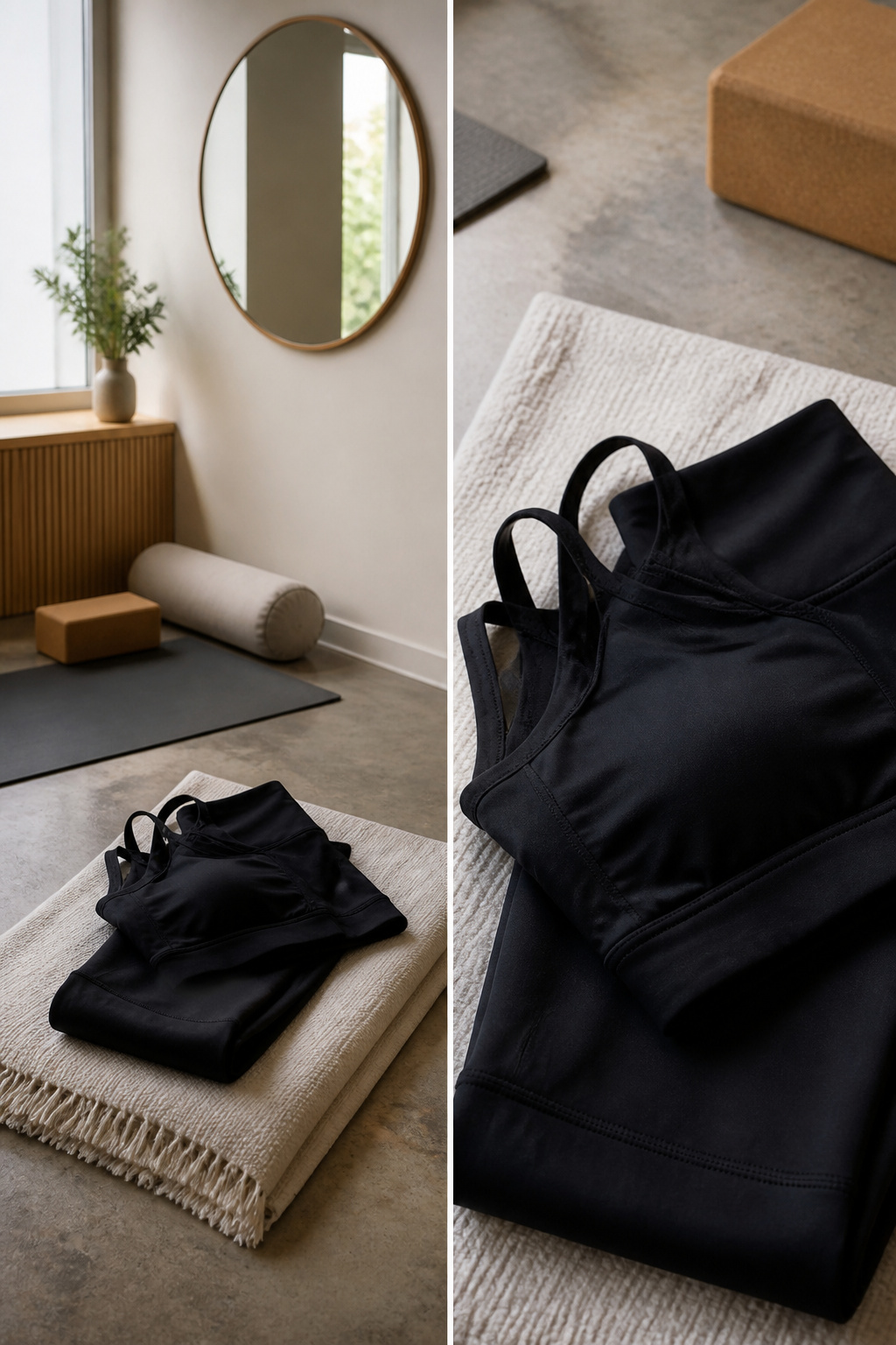 An example of fitted Pilates attire in a studio setting.