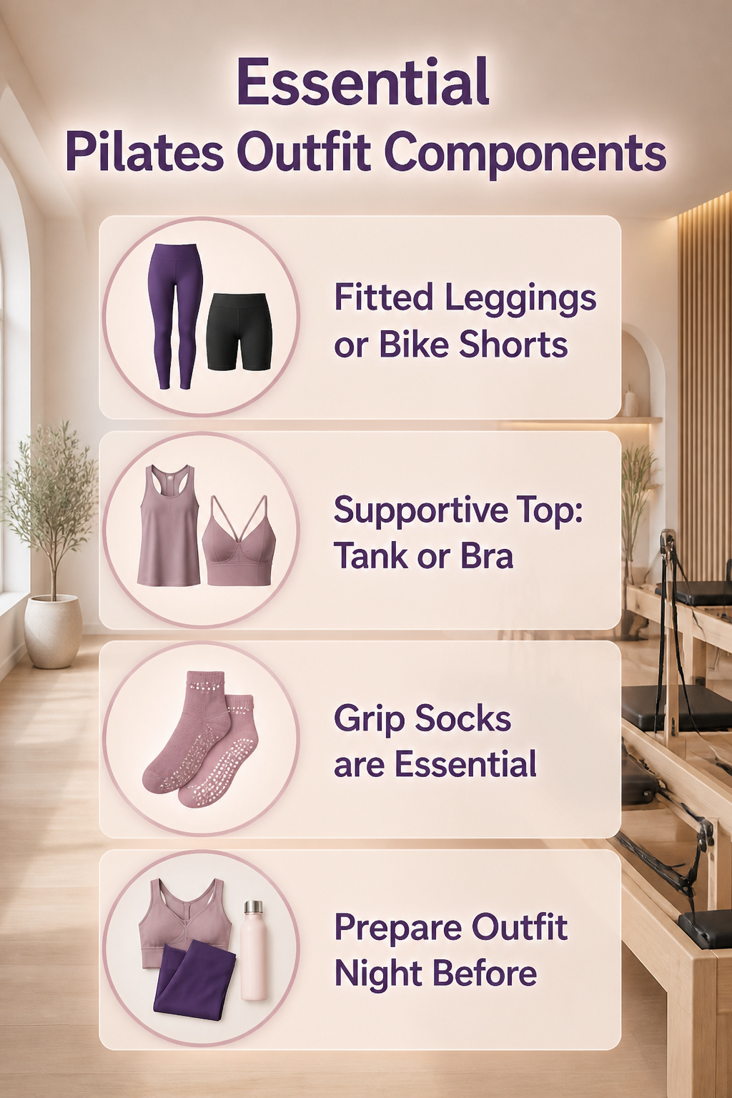Essential Pilates outfit components displayed together.