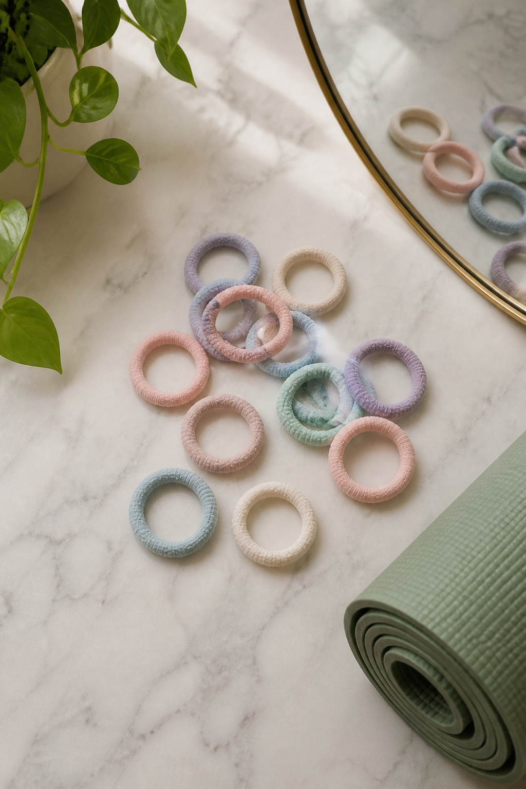 Hair ties designed for securing hair during Pilates.