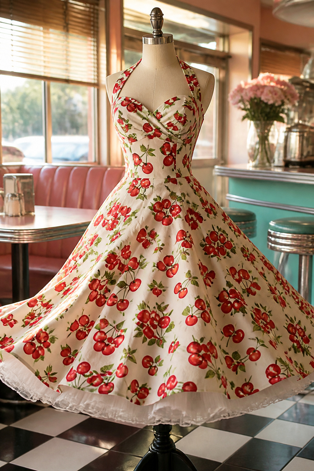 A swing dress featuring a fitted bodice and a full circle skirt.