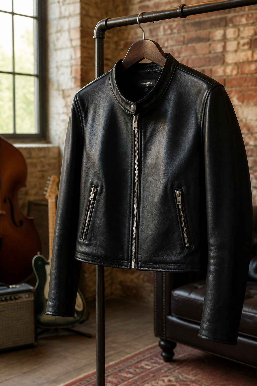 A cropped leather jacket hitting at the waist.