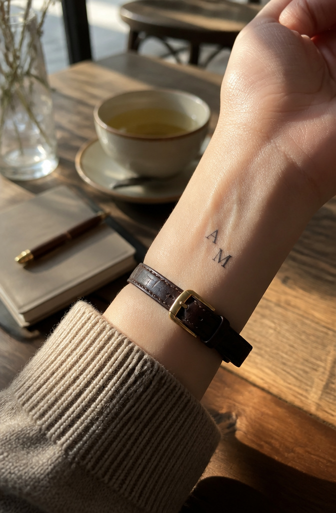 Initials tattooed in black ink on the inner wrist of a model.